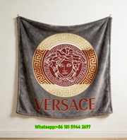 Versace Grey Red Gold Medusa Greek Key Print Flannel Sofa Throw Blanket IMG_1441
